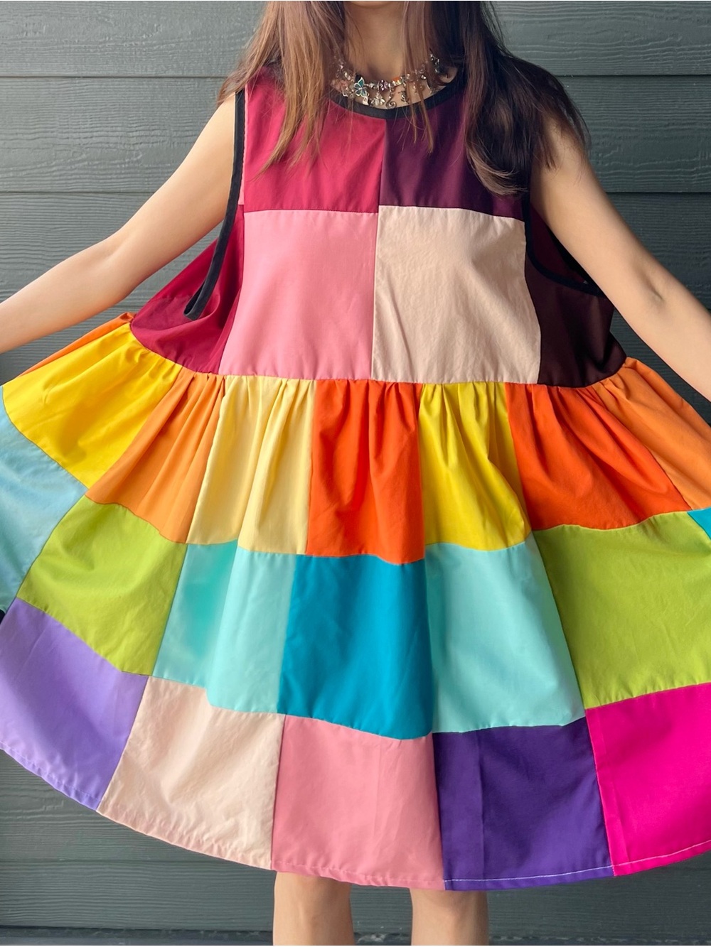Handmade Rainbow Quilted Patchwork Colorblock Dress SKU 07305